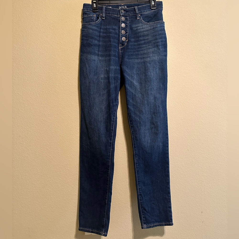 a.n.a. High Rise Skinny Jeans Button Fly Dark Blue Slightly Distressed Size 14